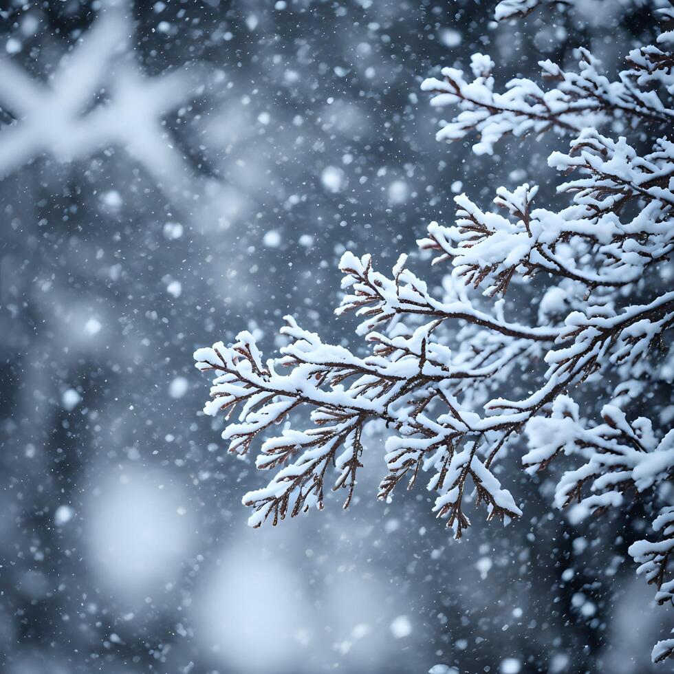 AI generated winter snow background with branches and snowflakes photo