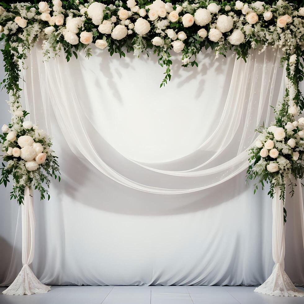 AI generated wedding backdrop with white flowers and greenery photo