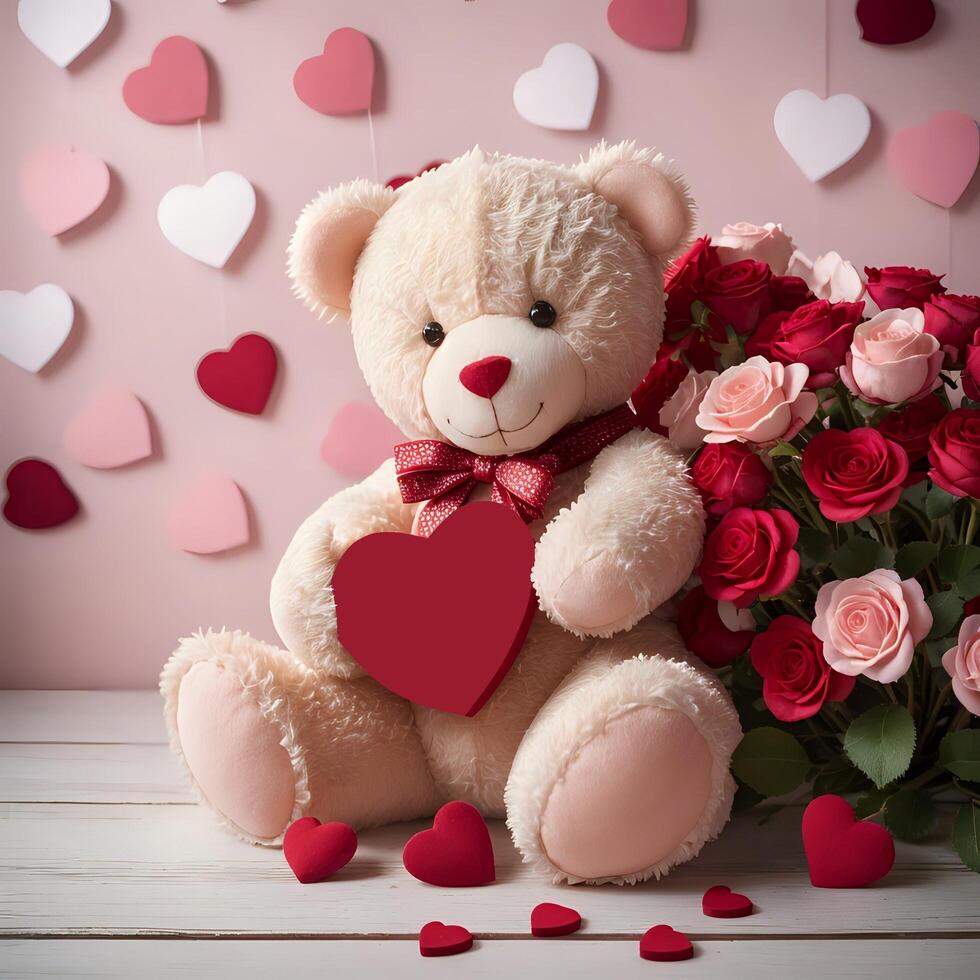 AI generated teddy bear with heart and roses on wooden background photo