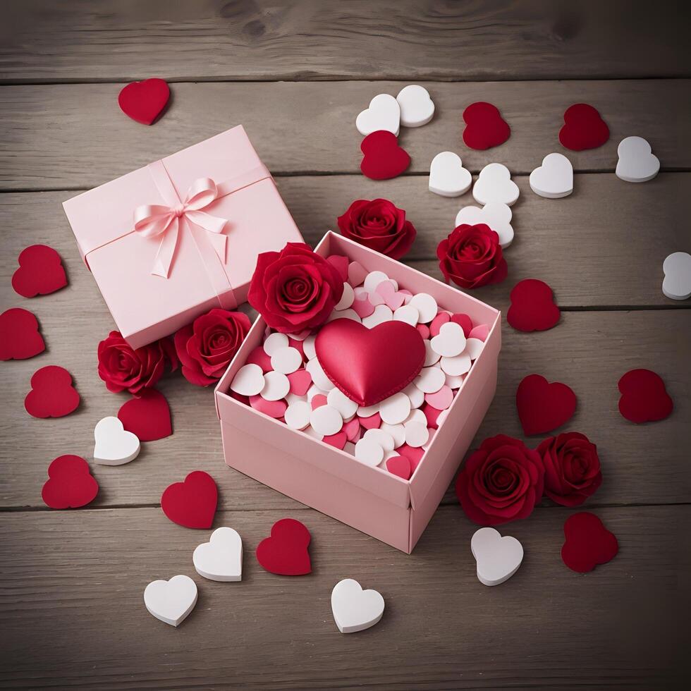 ai generado San Valentín día regalo caja con corazón y rojo rosas en de madera antecedentes foto