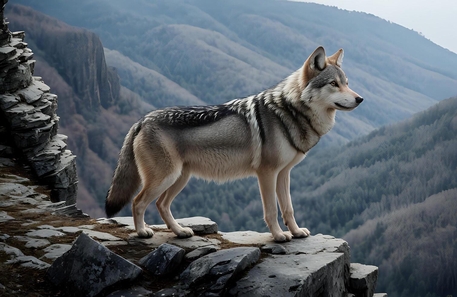 ai generado un lobo en pie en un acantilado con vista a un Valle foto
