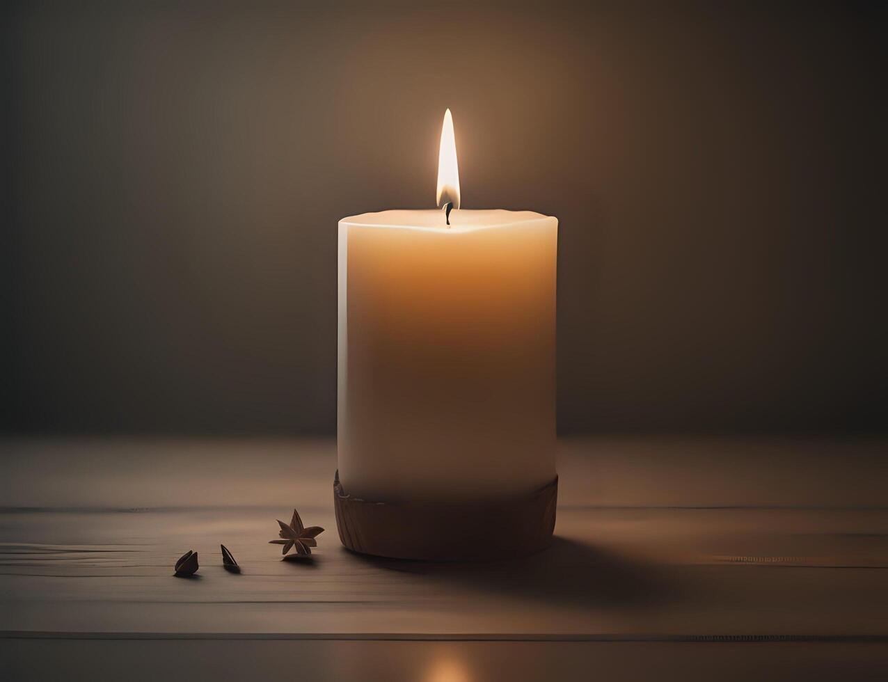 AI generated candle with star anise and a candle on a wooden table photo