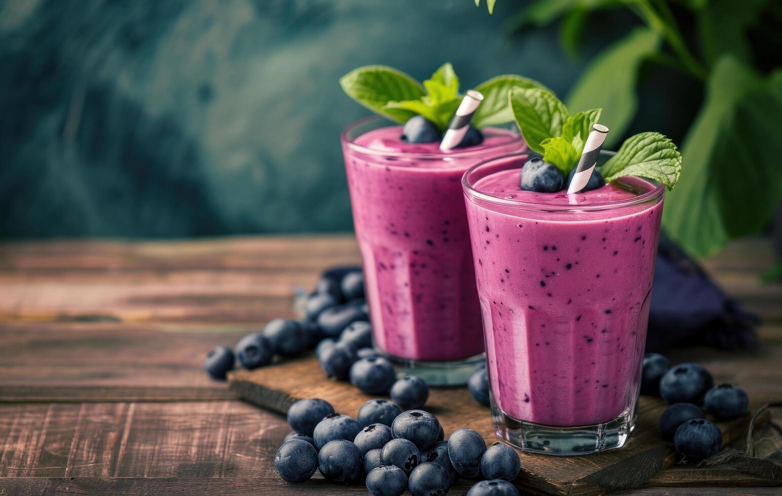AI generated two glasses of blueberry smoothie on a wooden table photo