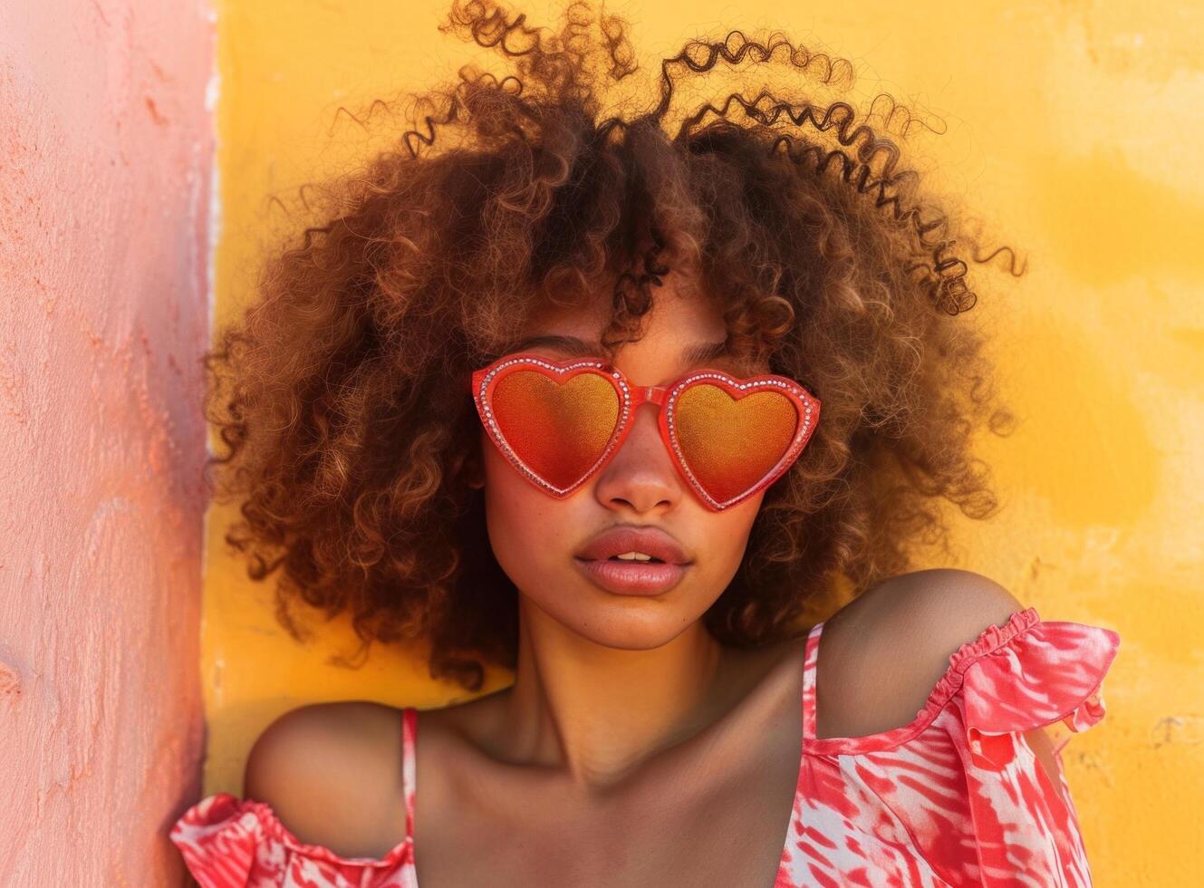 ai generado mujer con un pelo rizado cara vistiendo rojo corazón conformado Gafas de sol foto