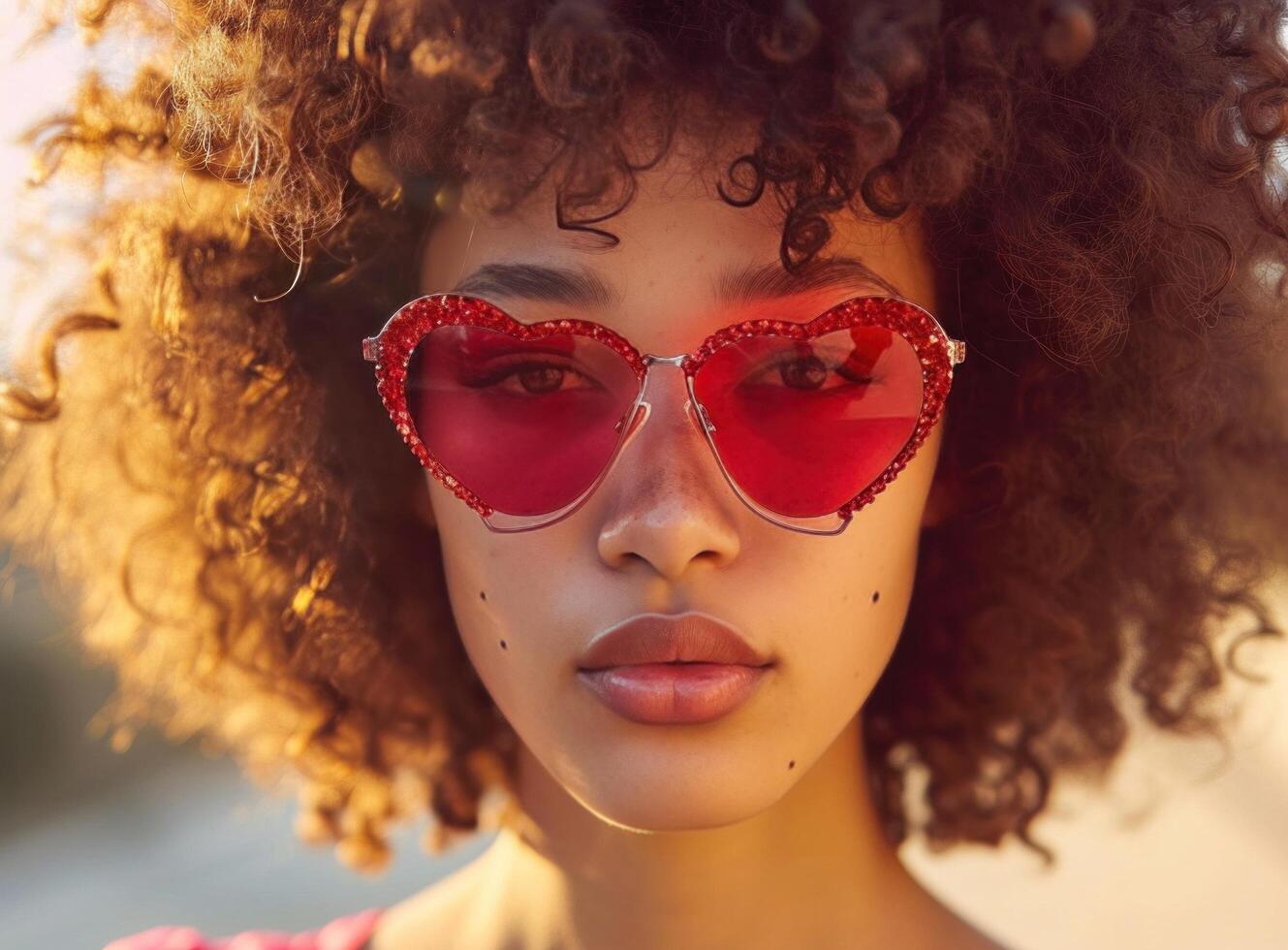 AI generated woman with a curlyhaired face wearing red heart shaped sunglasses photo