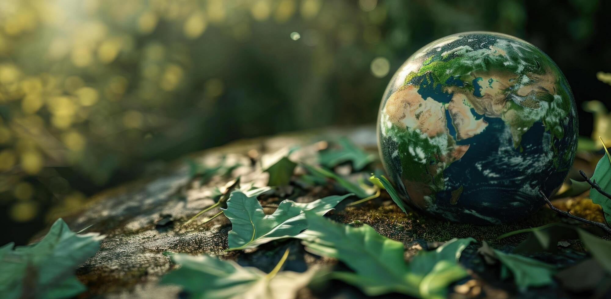 AI generated the earth is sitting on a table near leaves photo