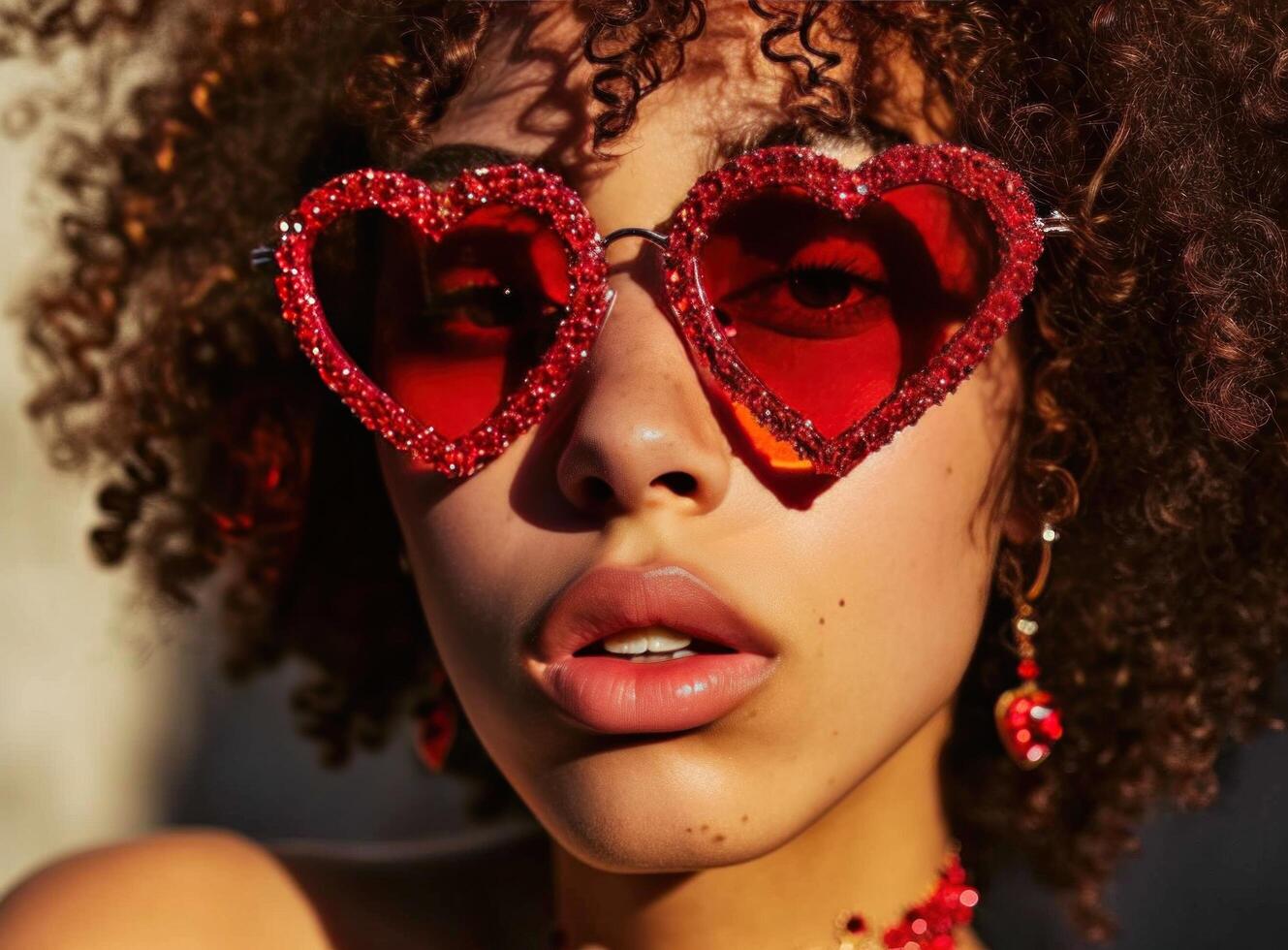 AI generated woman with a curlyhaired face wearing red heart shaped sunglasses photo