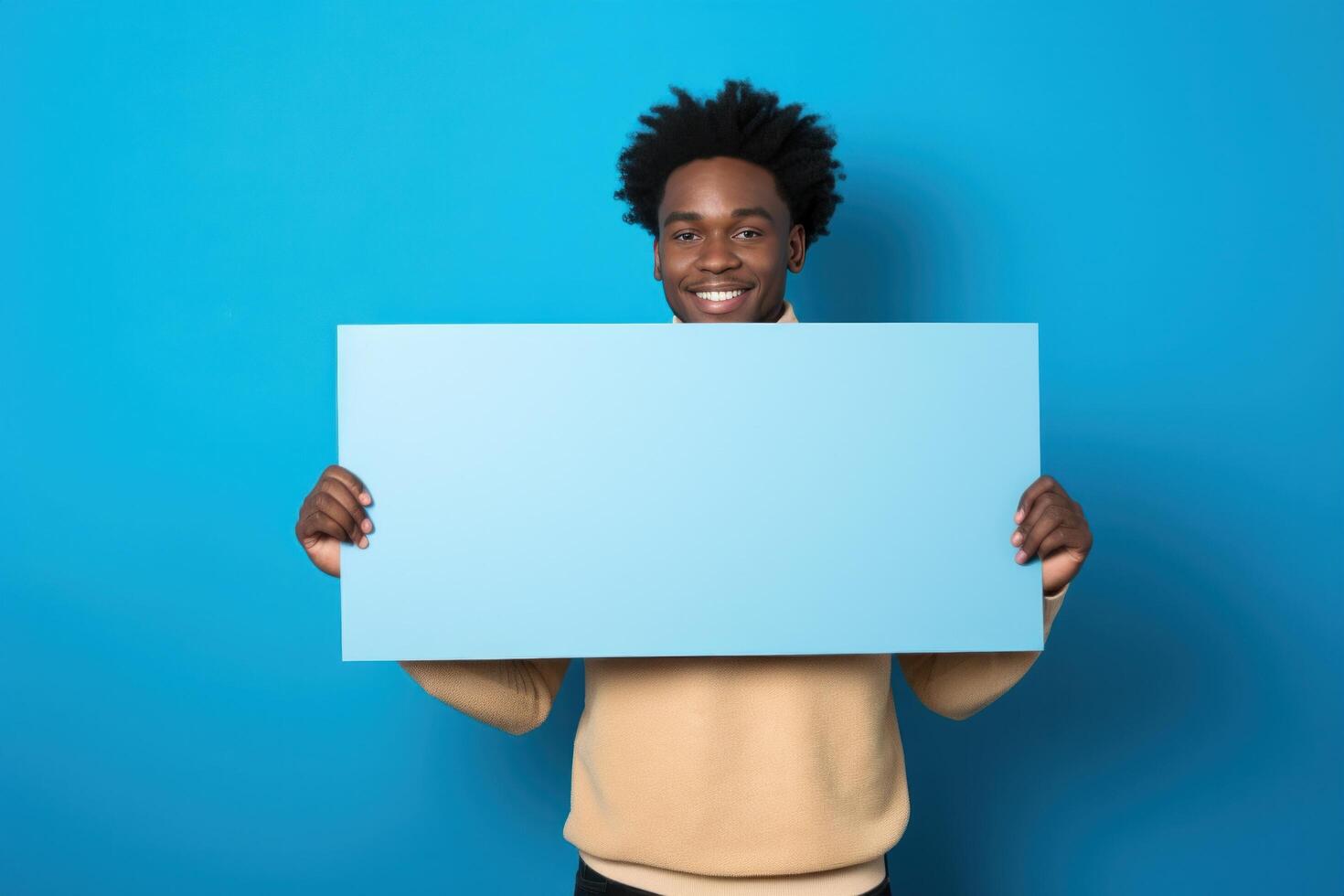 ai generado joven negro hombre participación un cuenta tablero en azul antecedentes foto