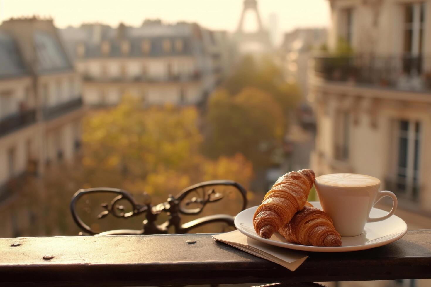 AI generated two plates of croissants and a cup of coffee sitting on a balcony on a paris cityscape photo