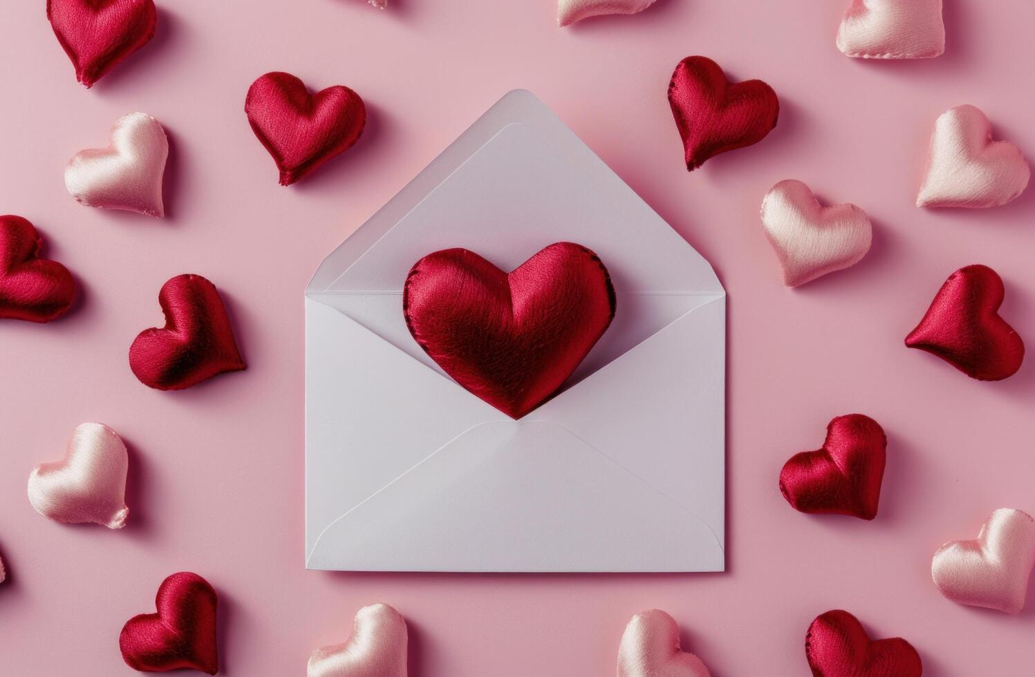 AI generated valentine's day open envelope with hearts surrounding photo