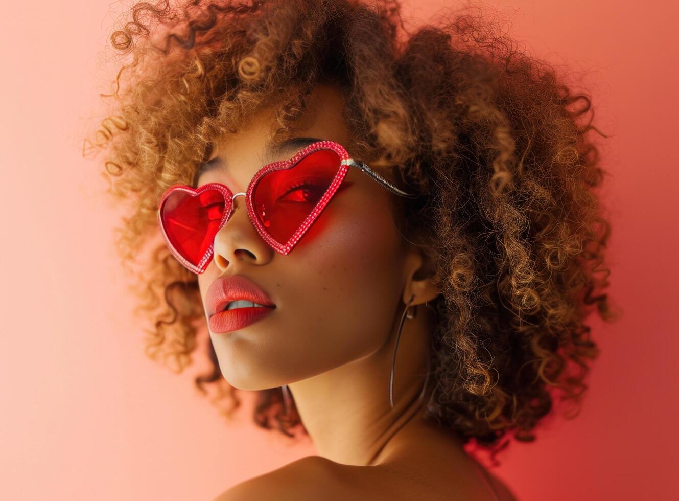 ai generado mujer con un pelo rizado cara vistiendo rojo corazón conformado Gafas de sol foto