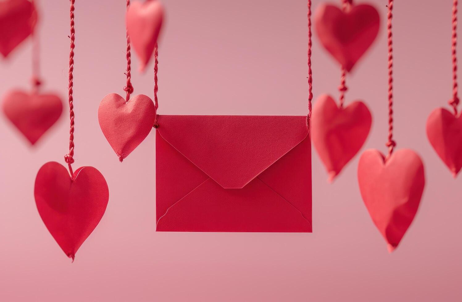 AI generated red envelope with red hearts hanging from it with pink in behind photo