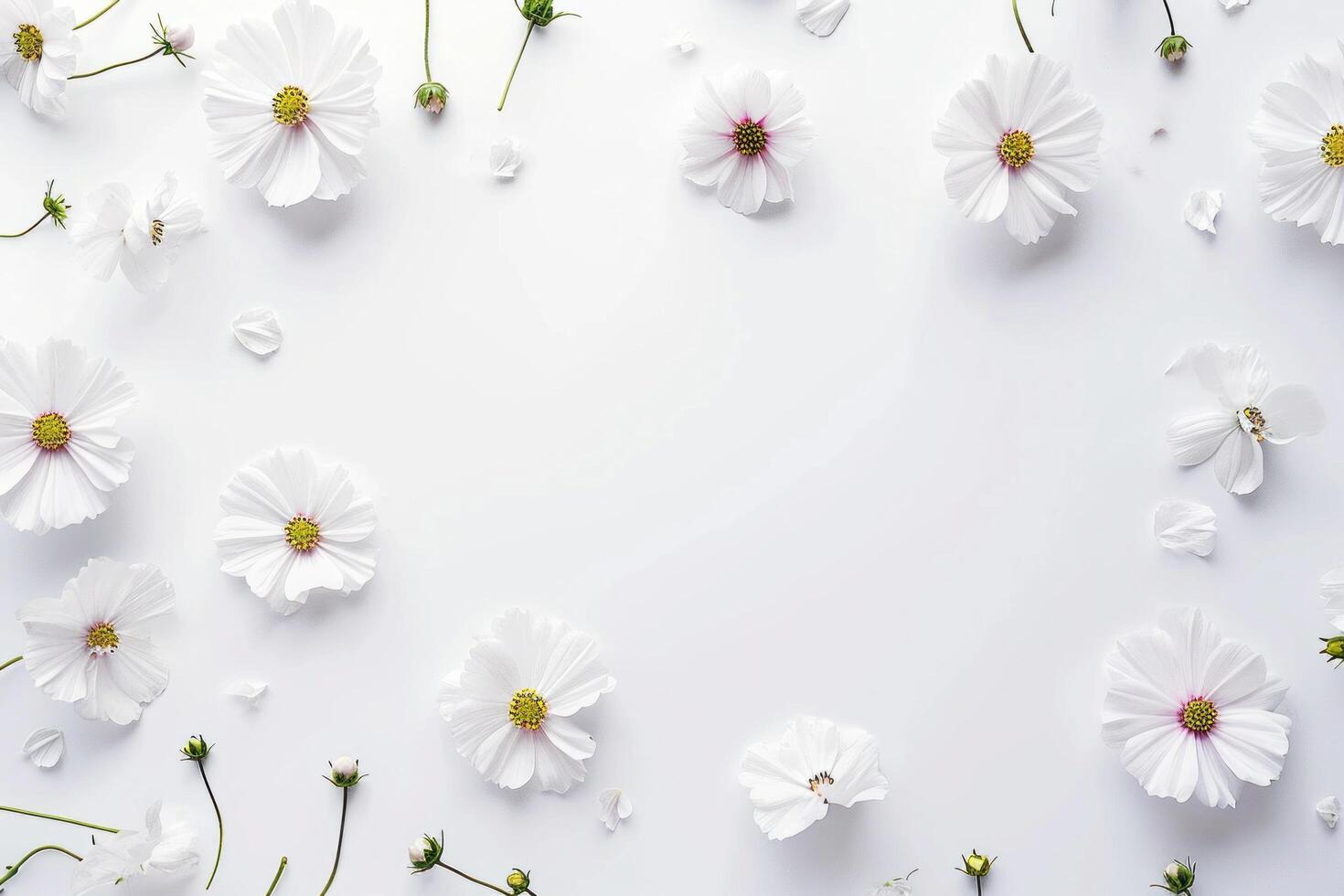 AI generated a bouquet of flowers scattered on white paper with leaves photo