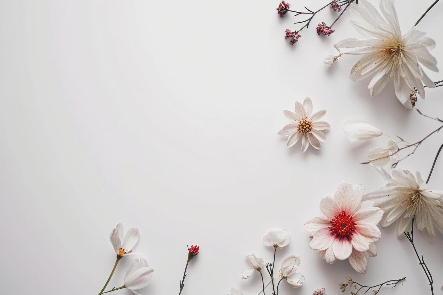 ai generado un ramo de flores de flores dispersado en blanco papel con hojas foto