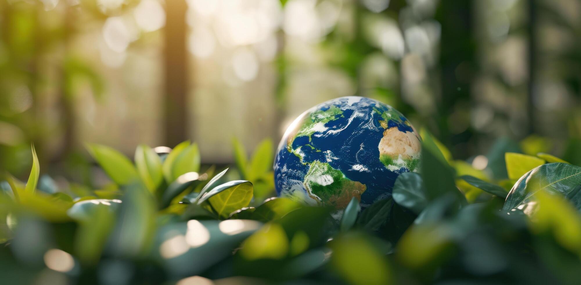 AI generated the earth is sitting on a table near leaves photo