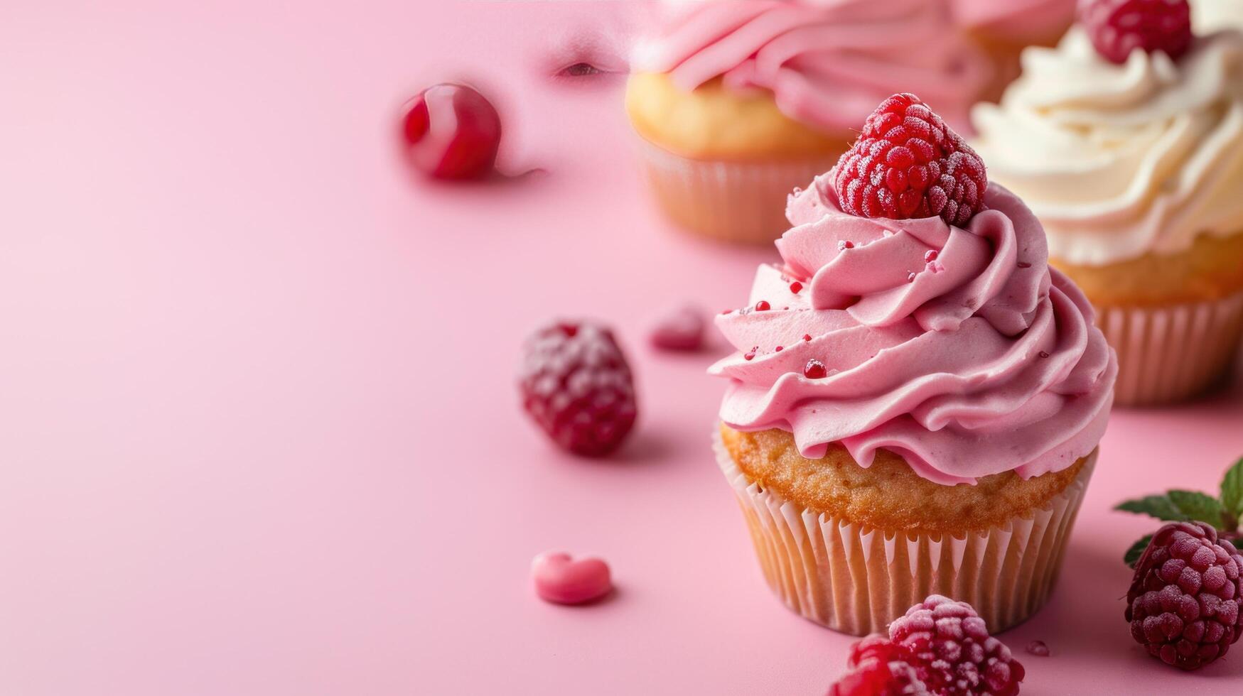 AI generated cupcakes advertisment background with copy space photo