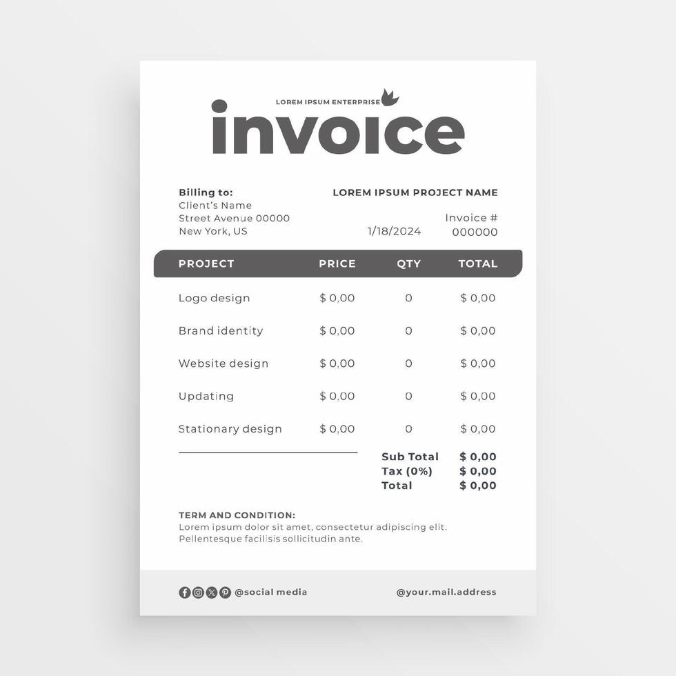 minimalist white invoice template vector design