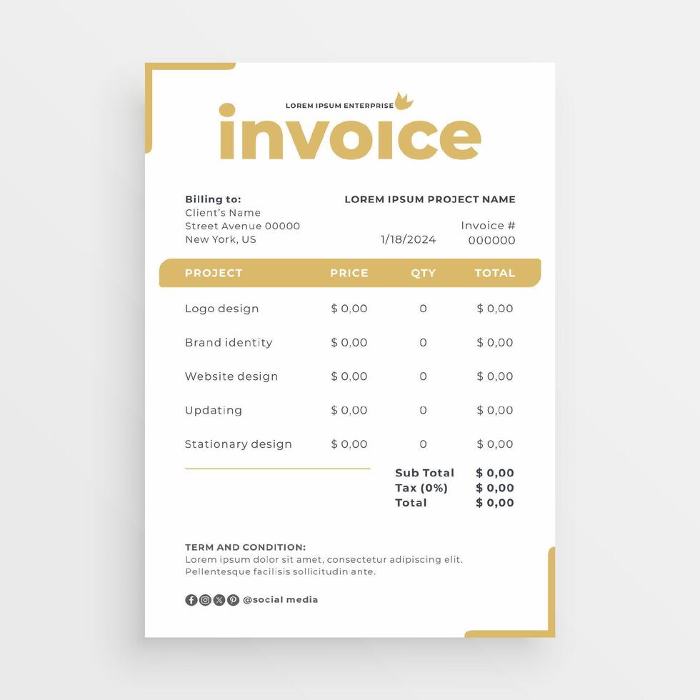 minimalist gold invoice template vector design