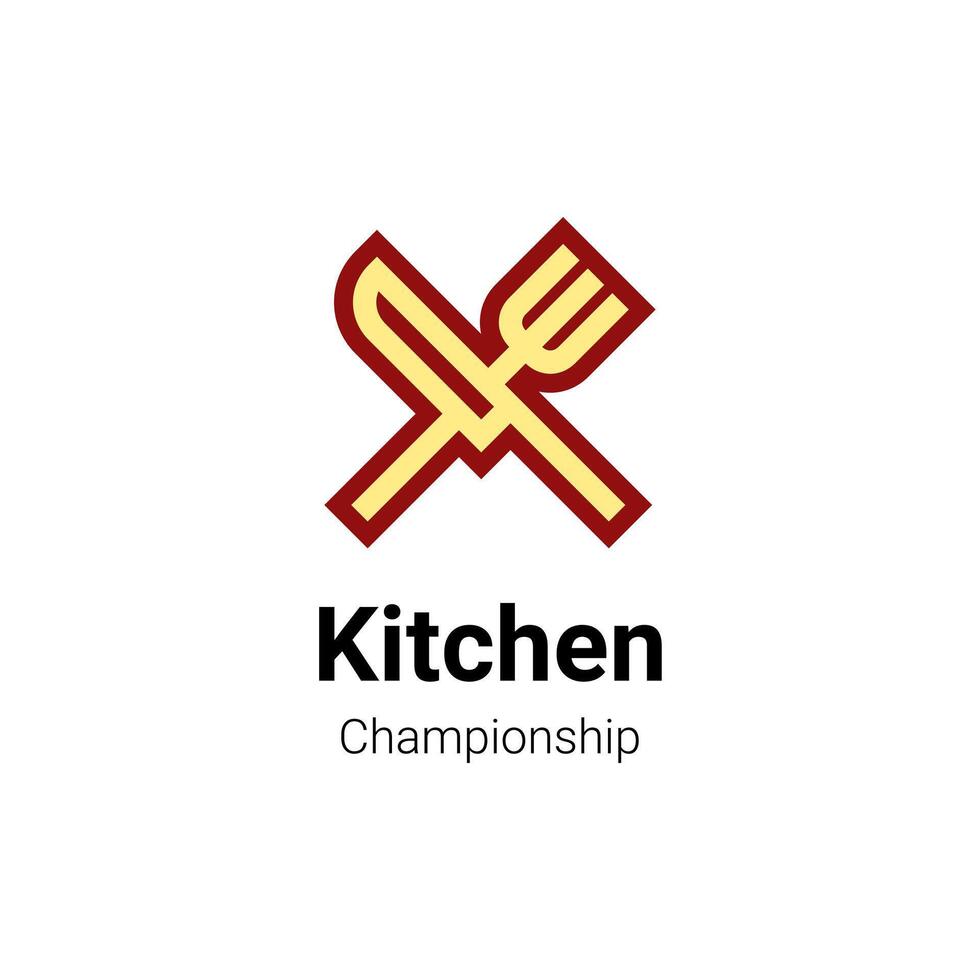 cocina campeonato logo concepto con tenedor y cuchillo en amarillo vector