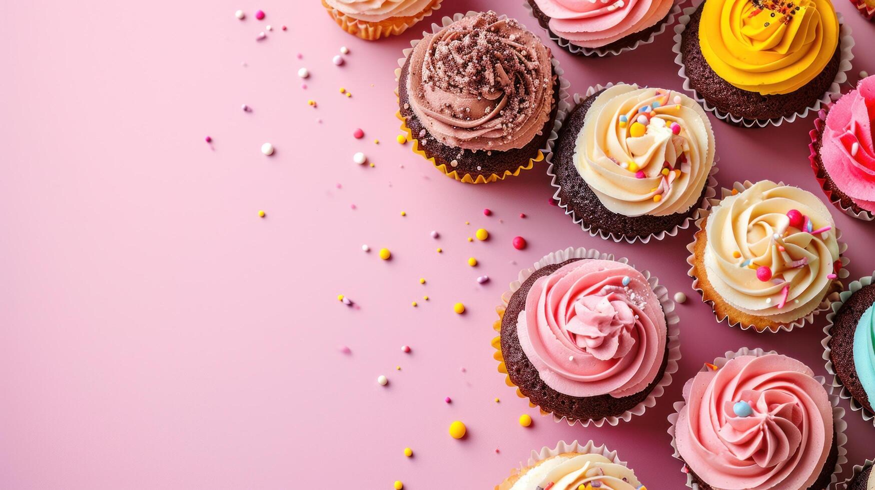 AI generated cupcakes advertisment background with copy space photo