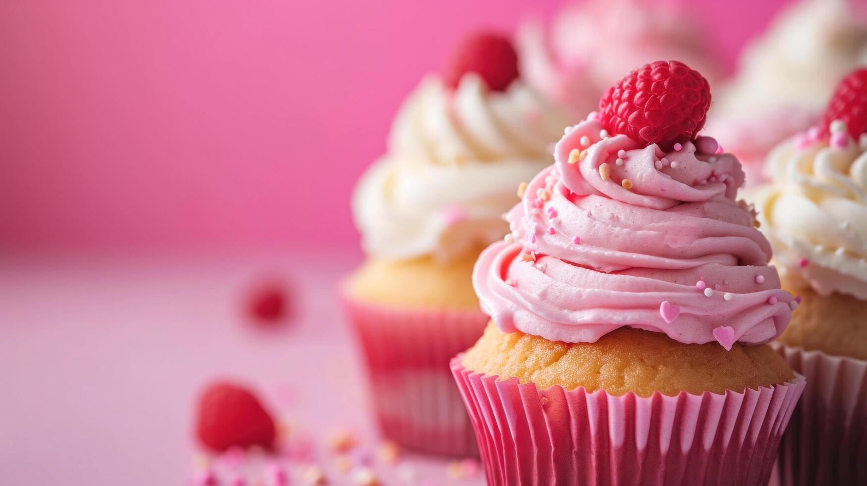 AI generated cupcakes advertisment background with copy space photo