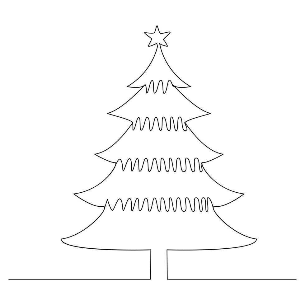 Vector continuous one line drawing of Christmas tree isolated on white background and minimal art illustration