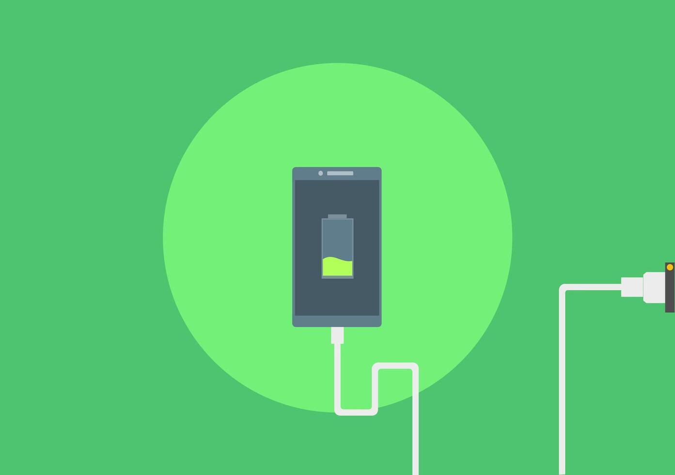 Smartphone charging in power plug on blue background. Vector illustration.