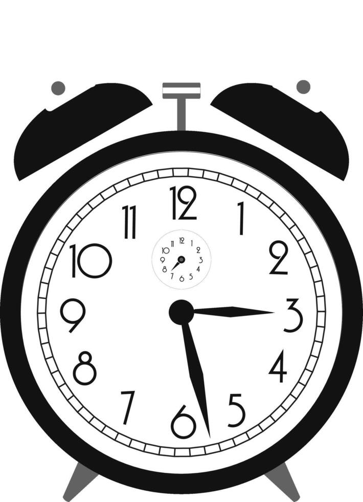 Black and white alarm clock on white background. Vector Illustration.