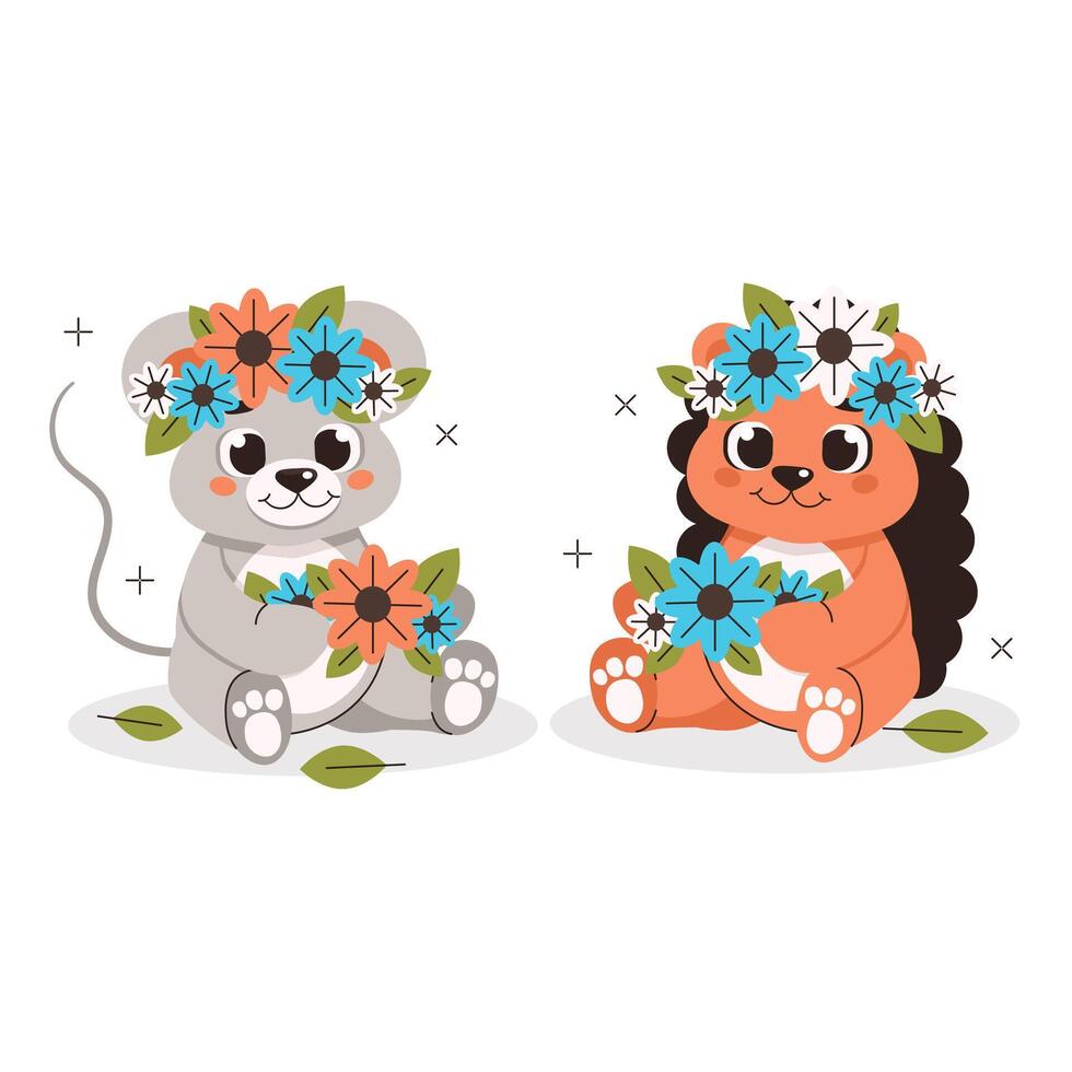 Illustration from a collection of cute animals. Hedgehog and mouse weave flower wreaths. Vector graphic.