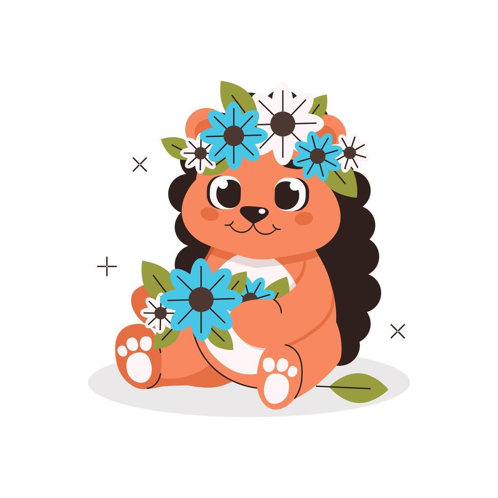 Illustration from a collection of cute animals. Hedgehog weaves a wreath of flowers. Vector graphic.