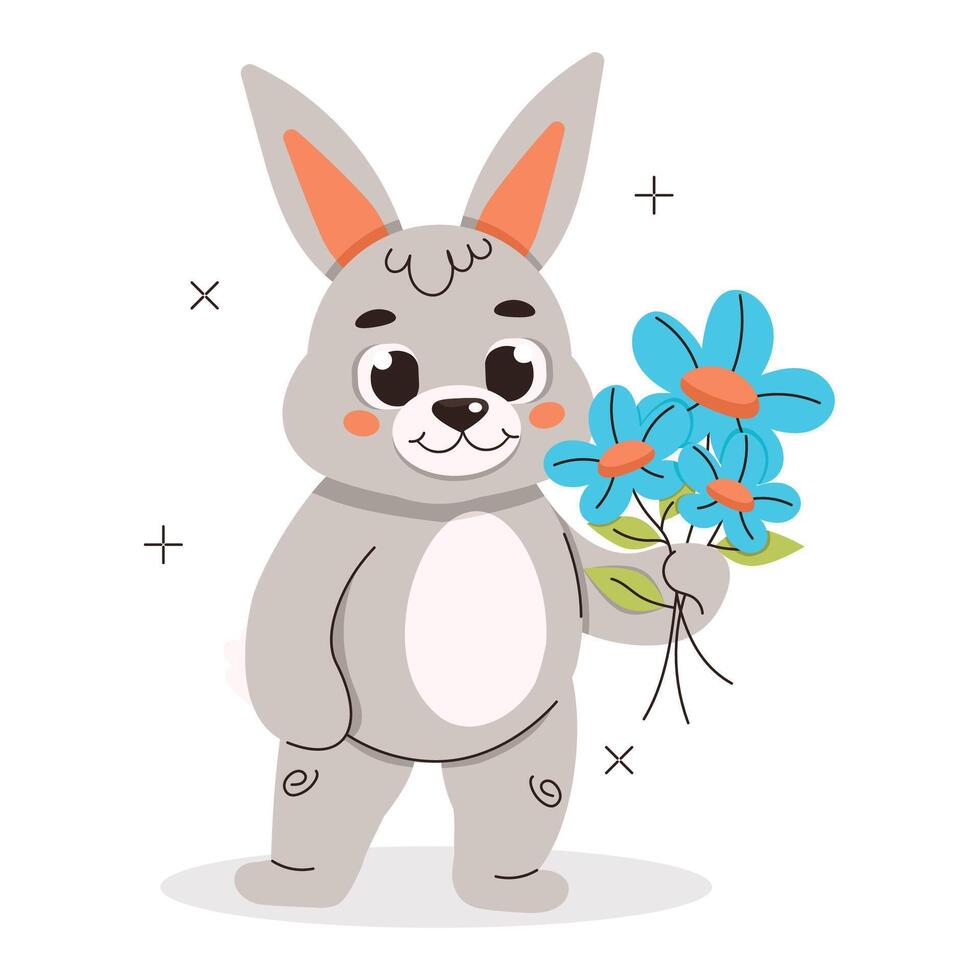 Illustration from a collection of cute animals. Hare holds flowers in his hand. Vector graphics.