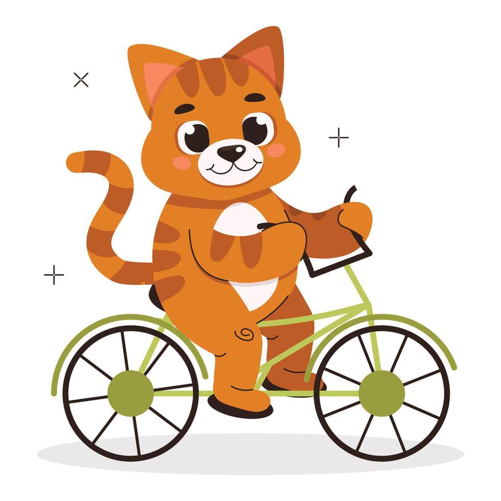 Illustration from a collection of cute animals. Cat is riding a bicycle. Vector graphics.Cat is riding a bicycle. Vector graphics.