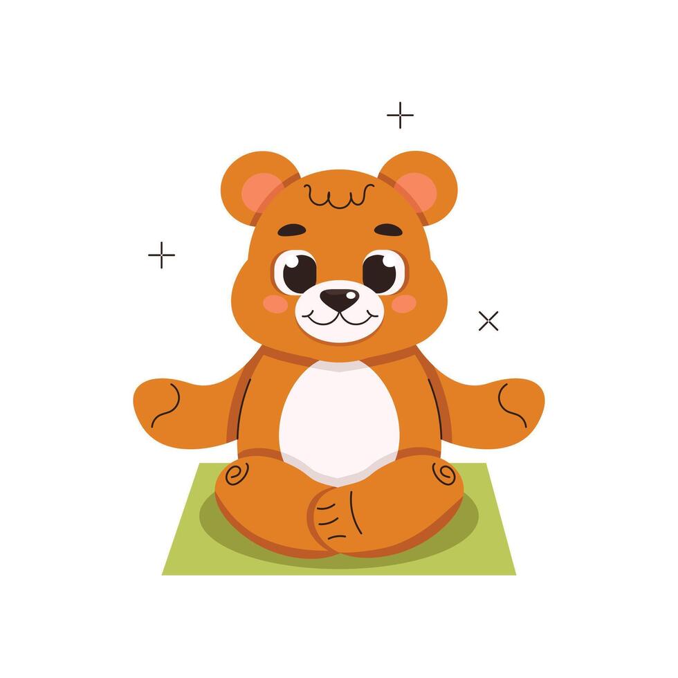 Illustration from a collection of cute animals. The bear is doing meditation or yoga in the lotus position. Vector graphic.