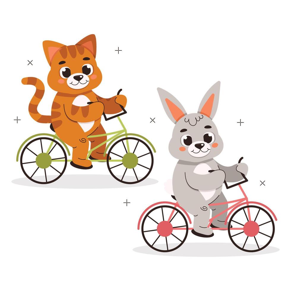 Illustration from a collection of cute animals. Cat and hare are riding bicycles. Vector graphic.