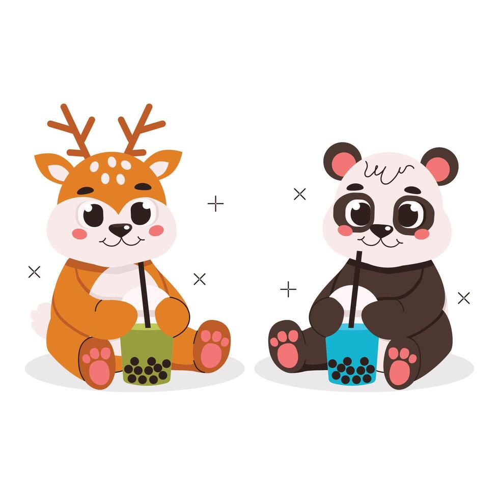 Illustration from a collection of cute animals. Panda and deer sit and drink drinks with bubbles. Vector graphic.