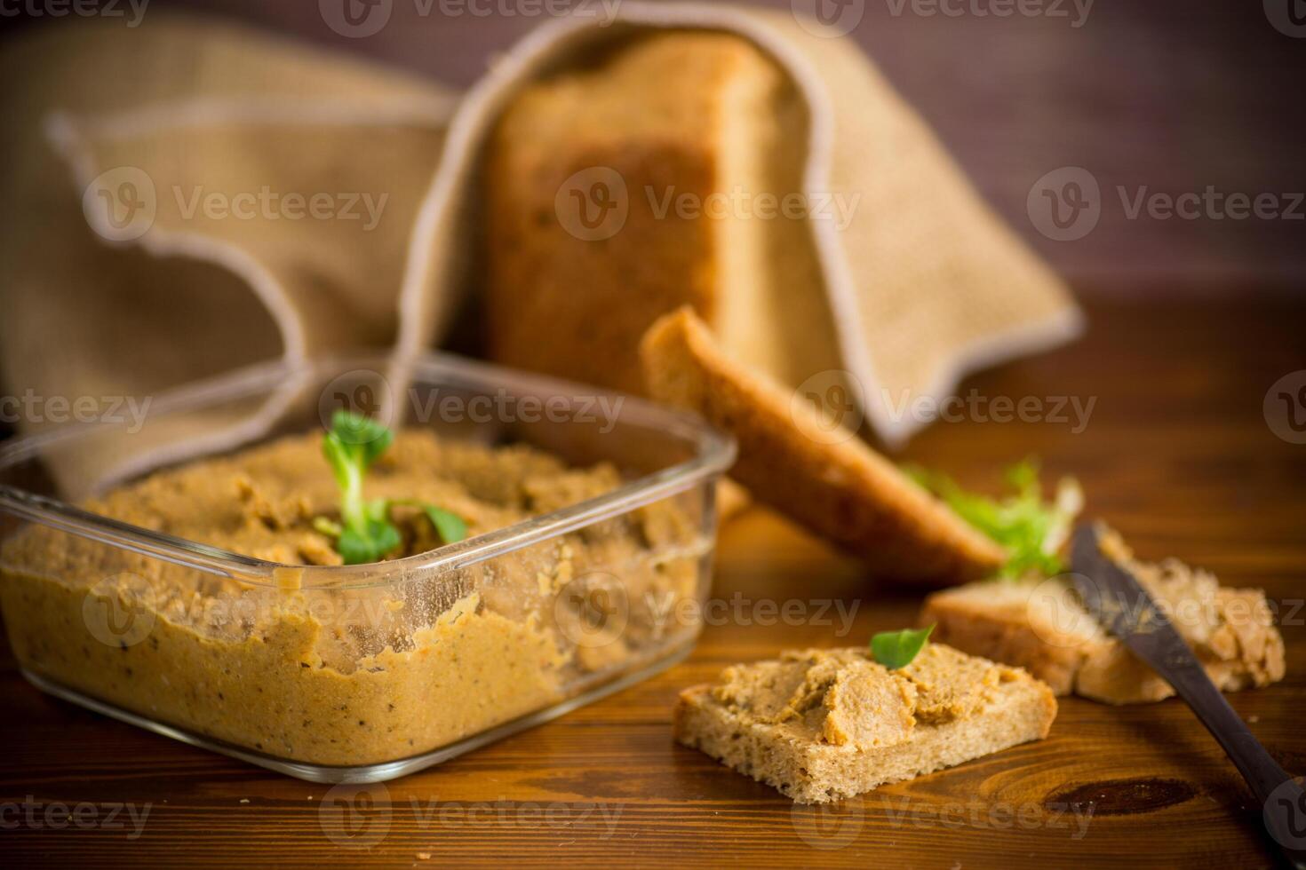 homemade meat pate with bread on a wooden table photo