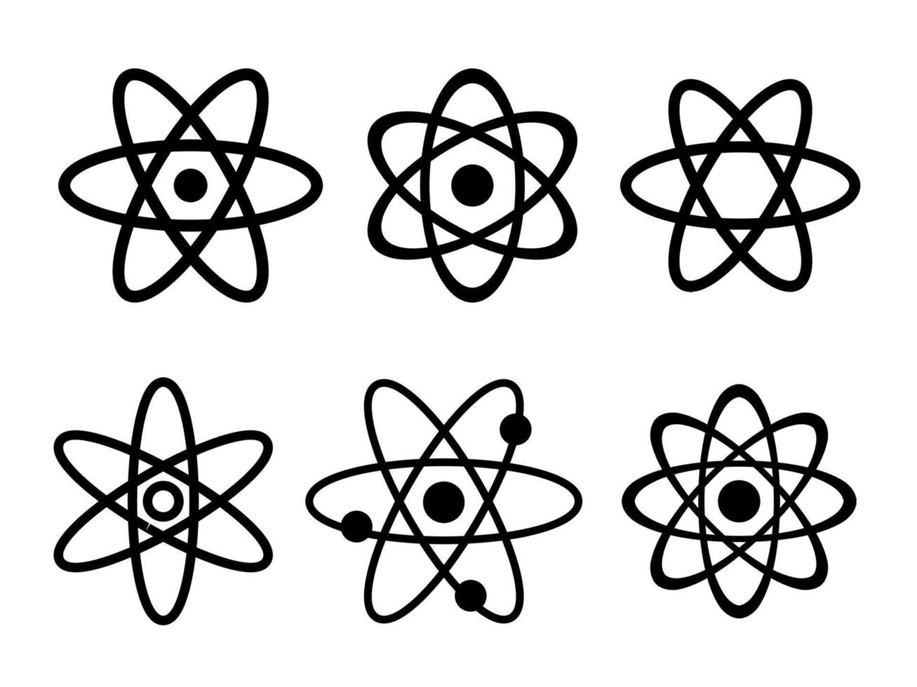 React and Atom Logos Set. Nuclear and Ion Vectors in a Black and White Illustration. Logo illlustration compilation.