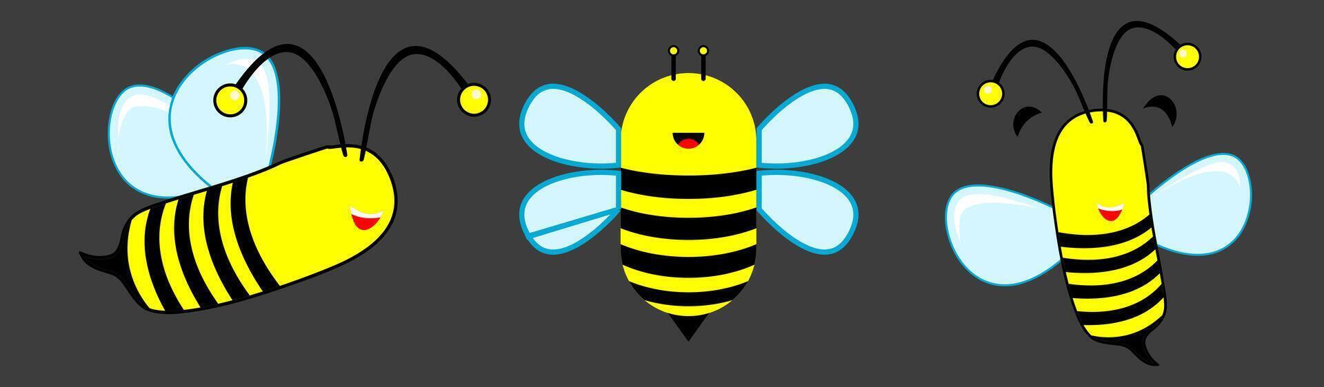 Joyful Flight Collection - Three Bees in Lighthearted Poses. Bee illustration sets. vector