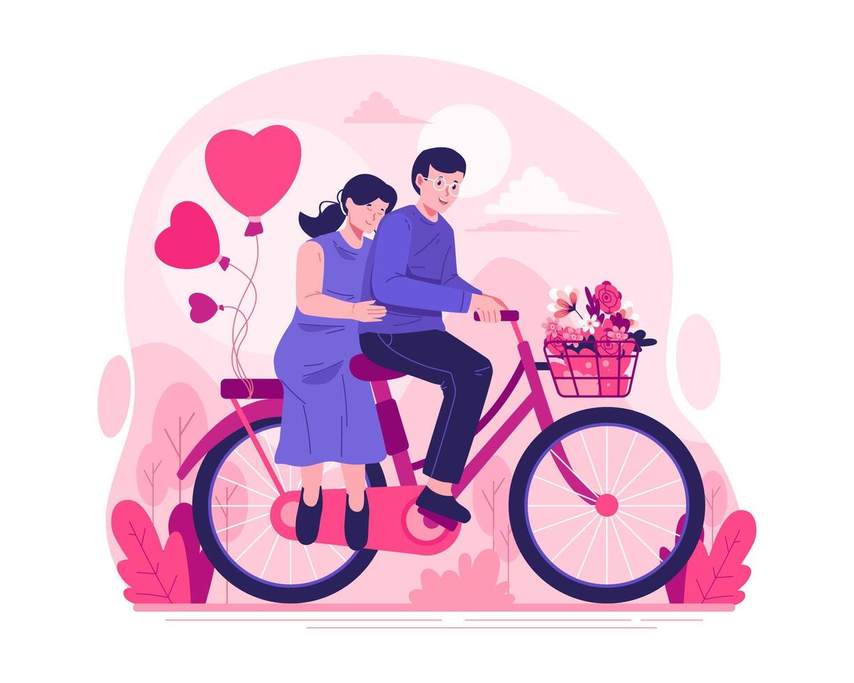 un contento Pareja es montando un bicicleta juntos. un hombre y un mujer disfrutando un romántico bicicleta paseo con en forma de corazon globos contento san valentin día vector