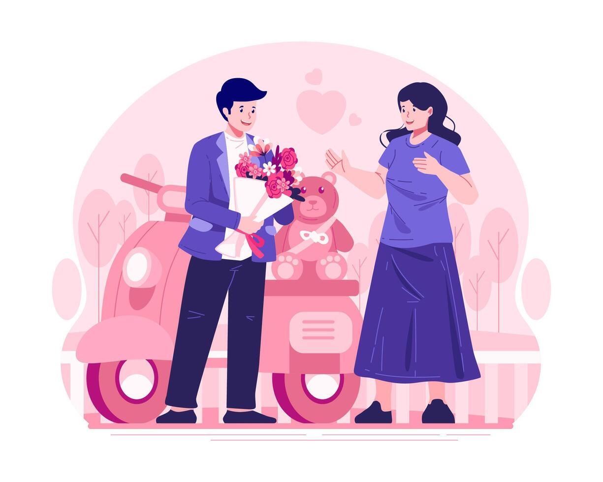 A Young Man Is Giving a Bouquet of Flowers to His Girlfriend. Valentine Day, Birthday Surprise on a Date or Anniversary. A Couple Having Romantic Dating vector