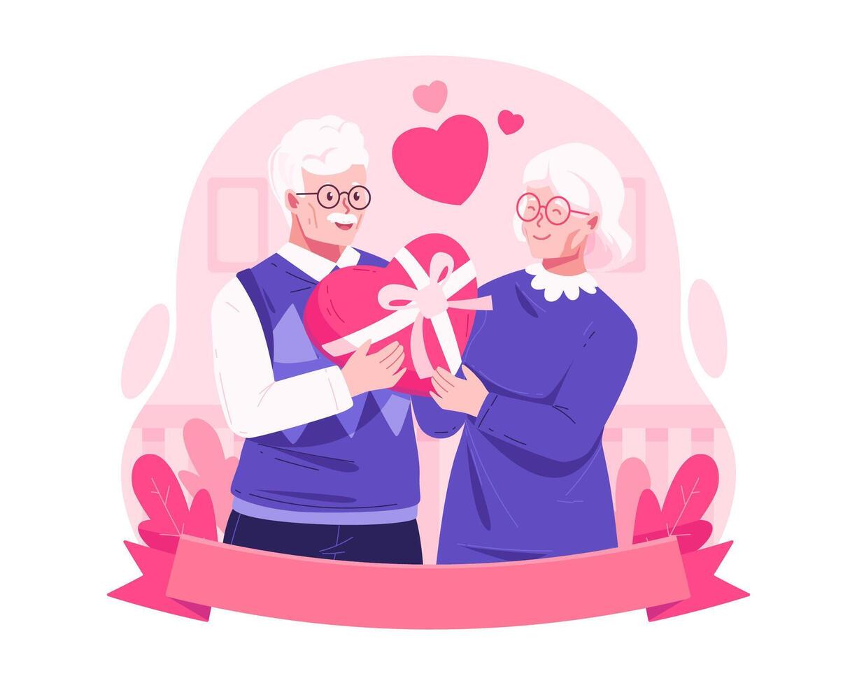 An Elderly Couple Together Holding a Heart-Shaped Gift Box. Romantic Old Senior Couple in Love Relationship. Valentine Day, Birthday Surprise, or Wedding Anniversary vector