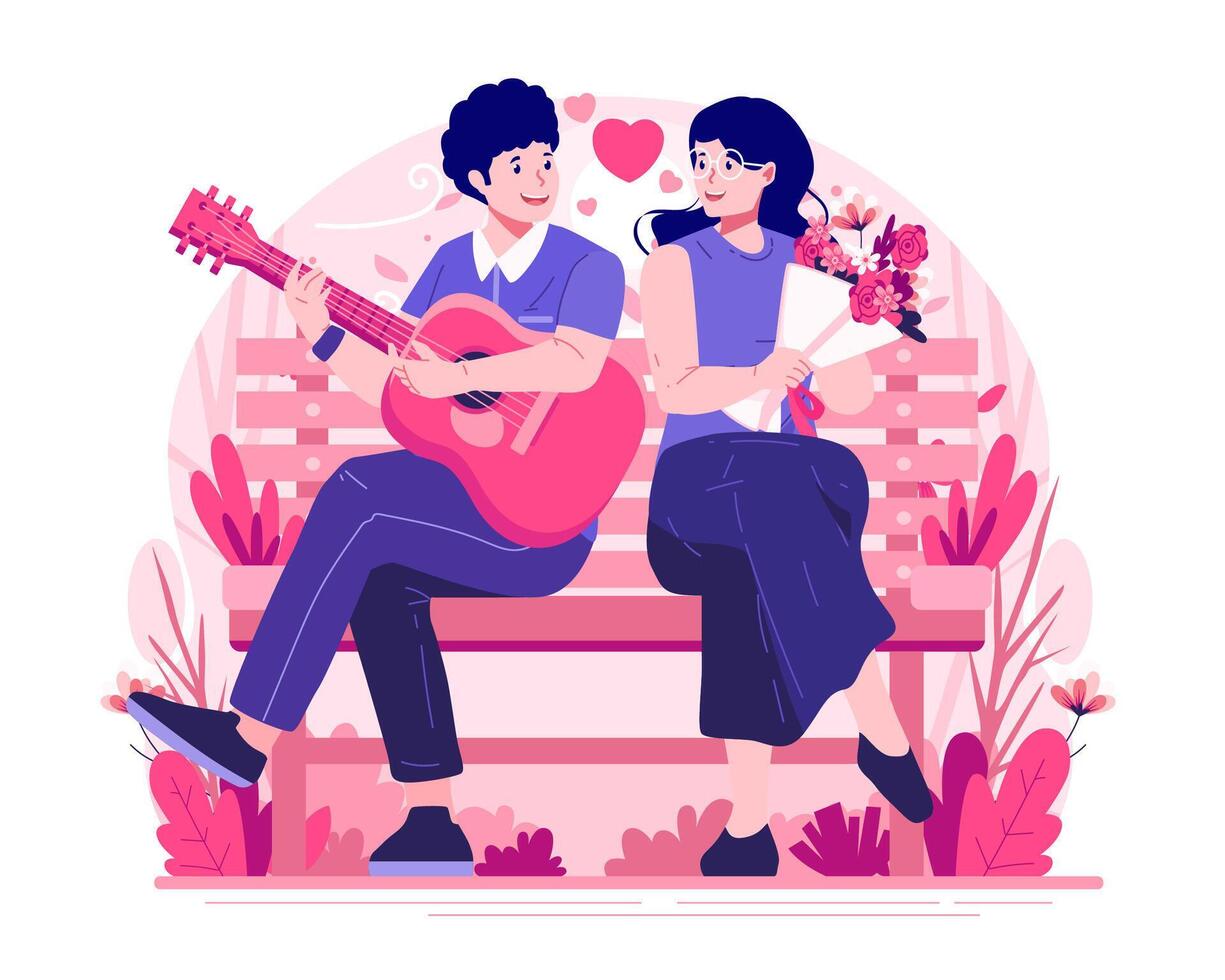 un joven hombre en amor sentado en un parque banco es jugando guitarra para su novia. contento romántico Pareja en relación celebrar enamorado día vector