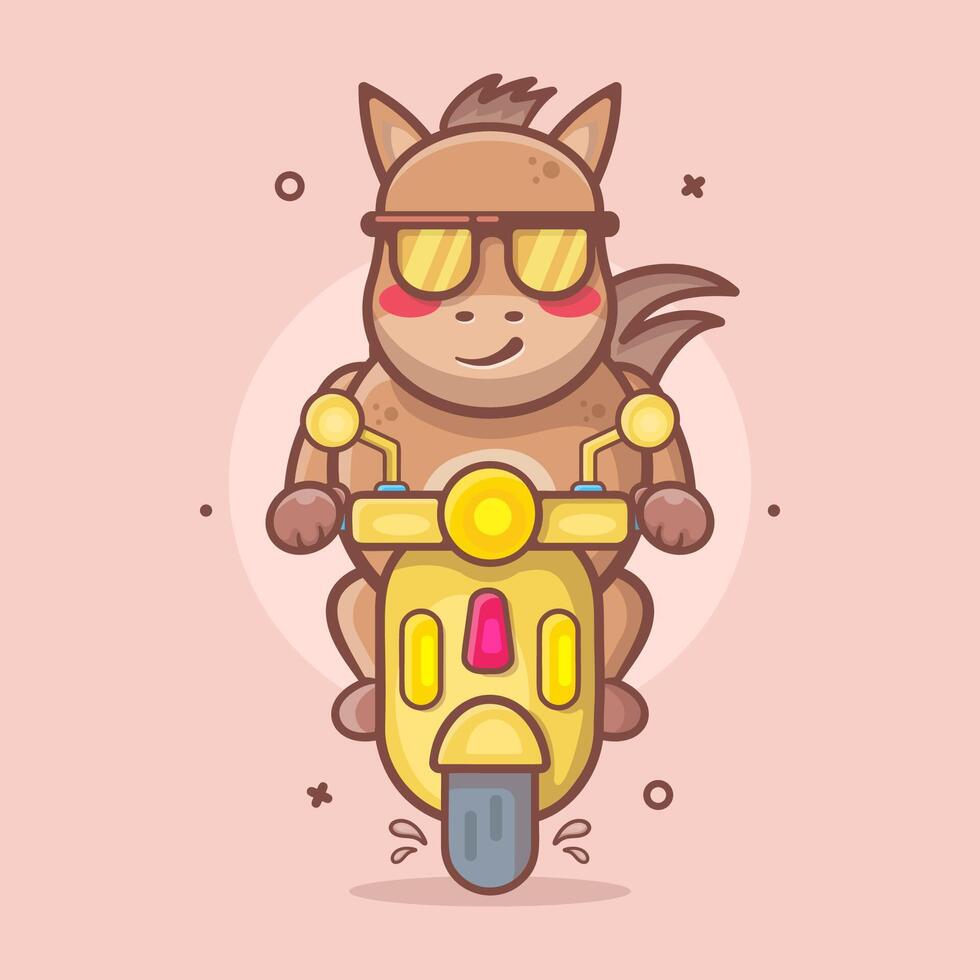 frio caballo animal personaje mascota montando scooter motocicleta aislado dibujos animados en plano estilo diseño vector