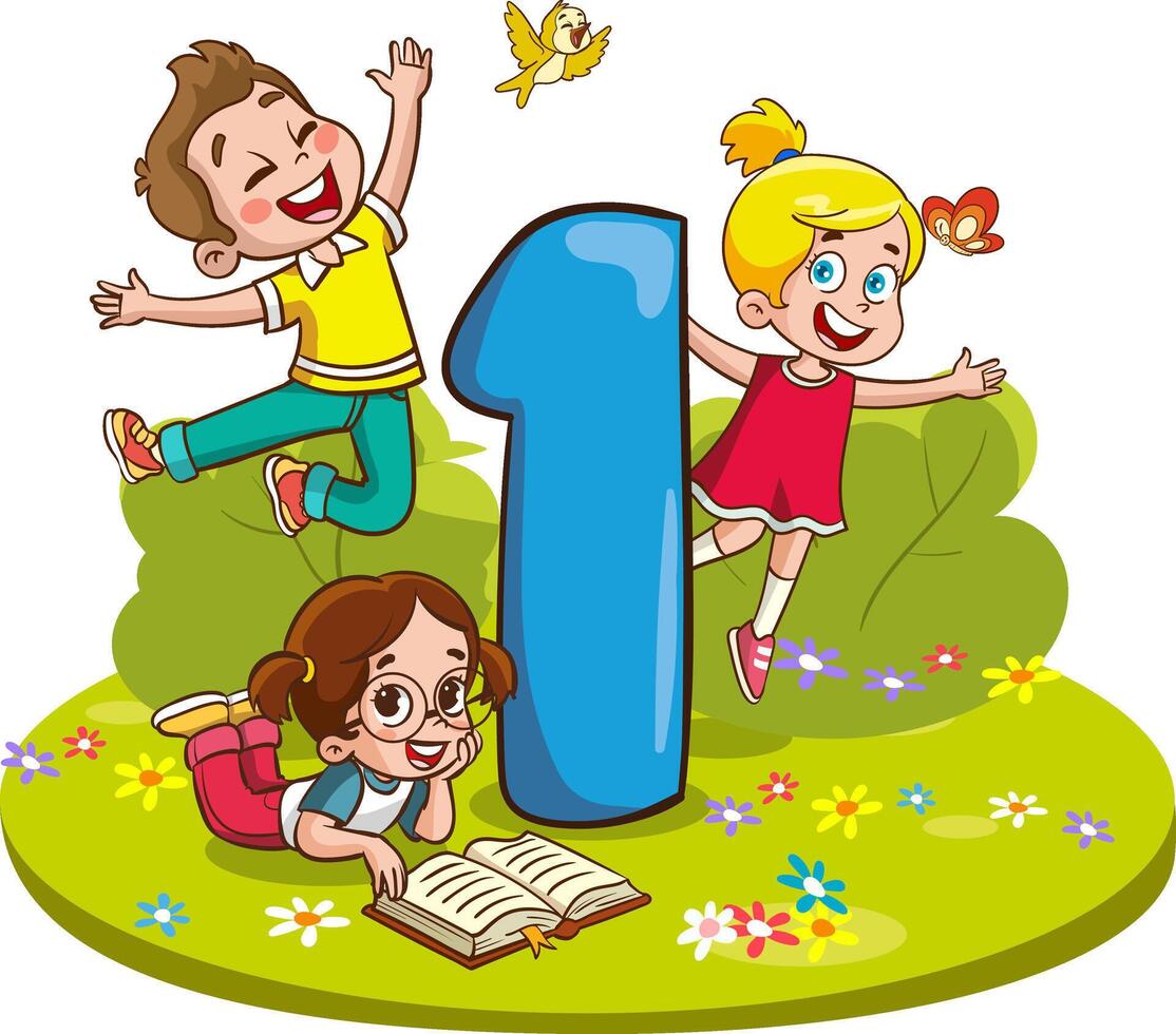 ilustración de niños jugando con número uno en el parque en un blanco antecedentes vector