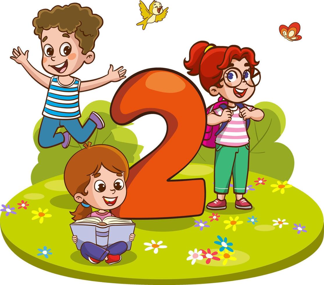 Illustration of Kids Reading a Book with a Number 2 in the Background vector