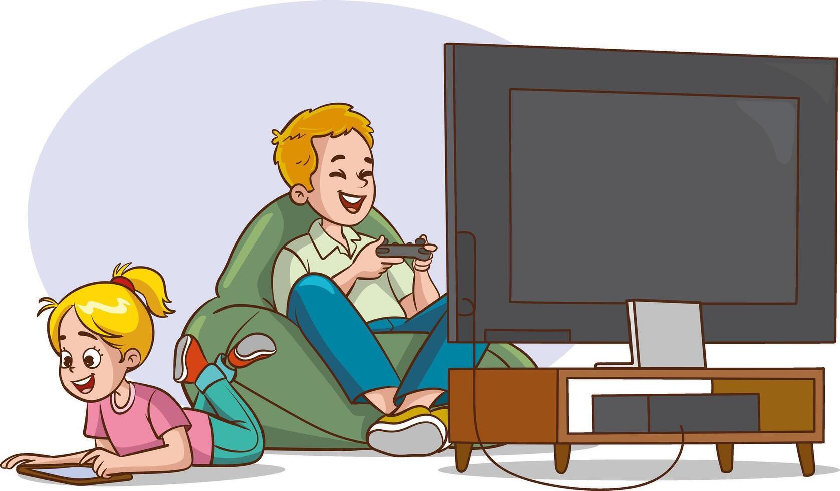 vector ilustración de niños jugando vídeo juegos en sofá