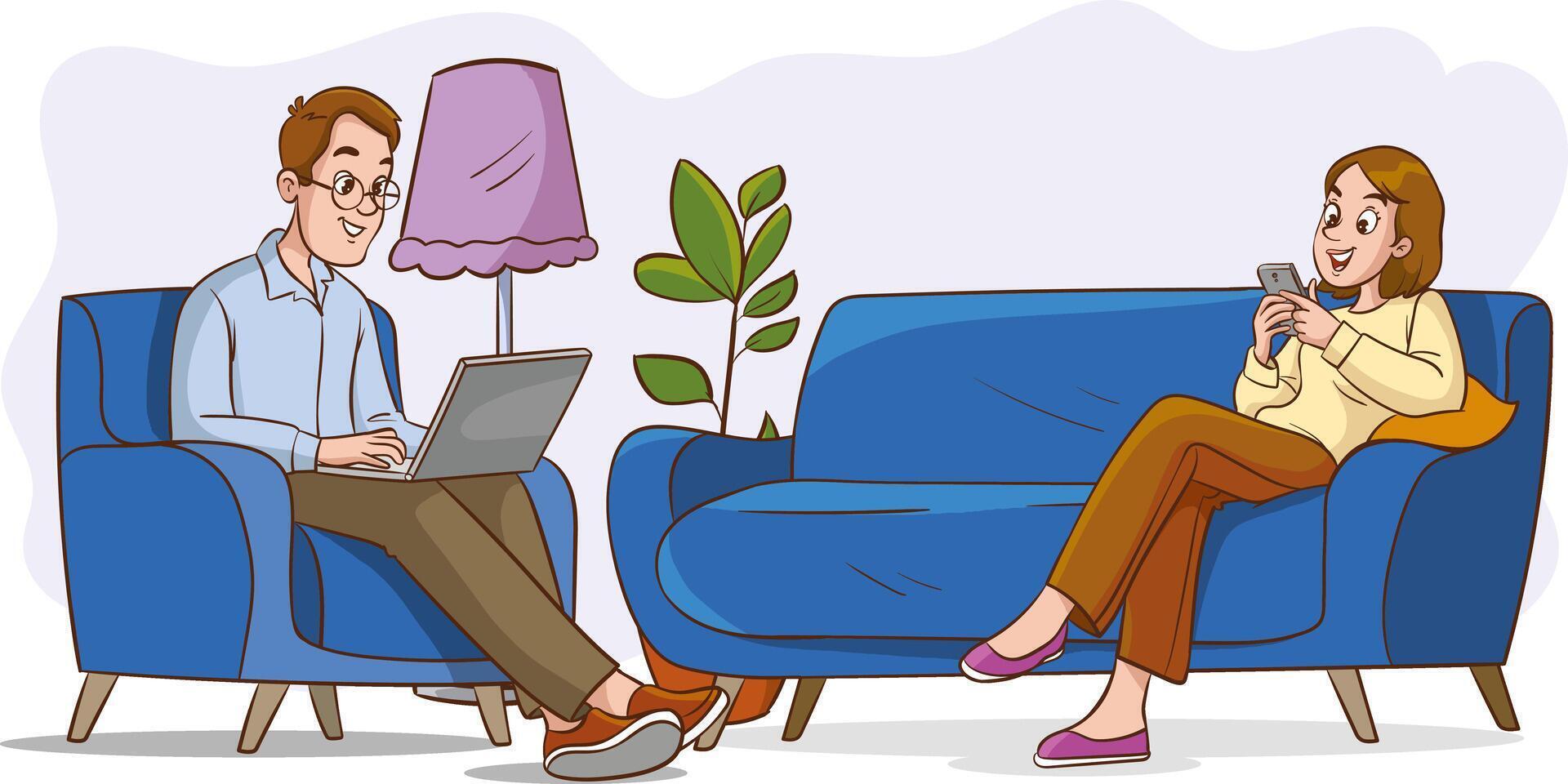 Vector illustration of a couple sitting on the couch, using mobile phone and laptop.Social media and internet addiction