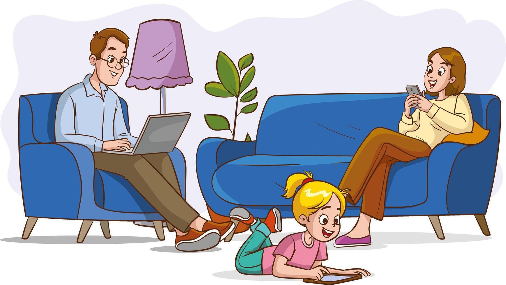 Vector illustration of a couple sitting on the couch, using mobile phone and laptop.Social media and internet addiction