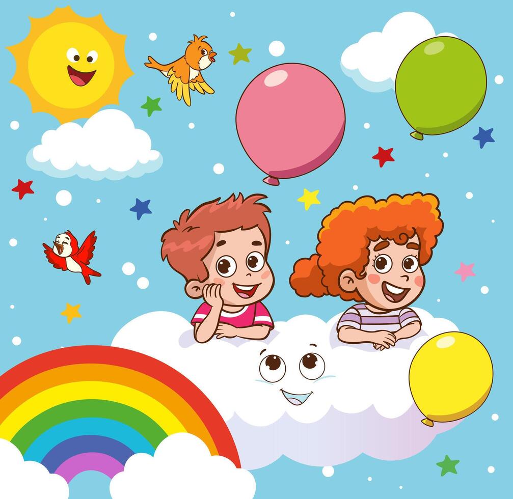 Children on a cloud with rainbow and balloons. Vector cartoon illustration.