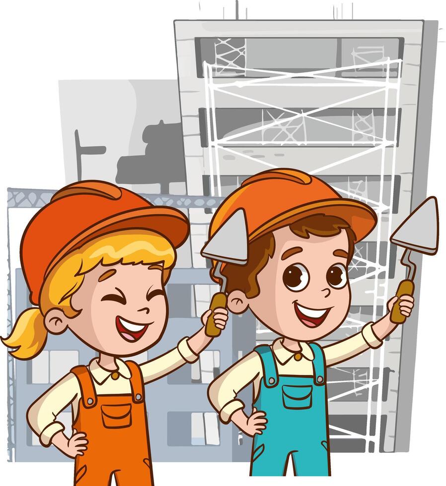 Cartoon little boy and girl building a house. Vector illustration.